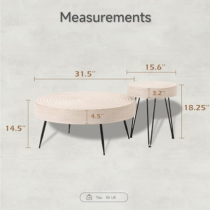 COZAYH 2-Piece Modern Farmhouse Living Room Coffee Table Set, Round Table Natural Finish with Handcrafted Wood Ring Motif, White