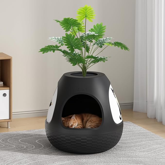 Copod8 Cat Cave, 3-in-1 Kitty House Condo with Plant, Cat Cushioned Bed, Cat Scratchers, Modern Cat Pet Furniture for Indoor, Kitty Hiding Spot (Black, M)
