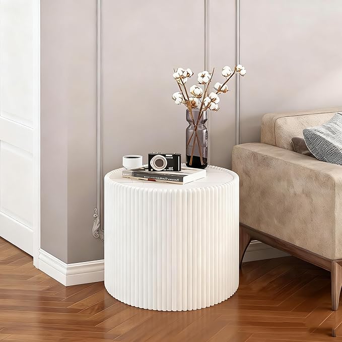 White Round Coffee Table with Sintered Stone Tabletop, 17.71" Drum Coffee Table with Fluted PU Leather Covered and Stable Base, Circle Cocktail Tea Table for Living Room