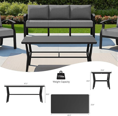 RTDTD Aluminum Outdoor Patio Furniture Set,5 Seats Patio Conversation Sets with Rectangular Coffee Table,Metal Patio Sectional Furniture Set with 5.1" Thickened Cushions,Grey