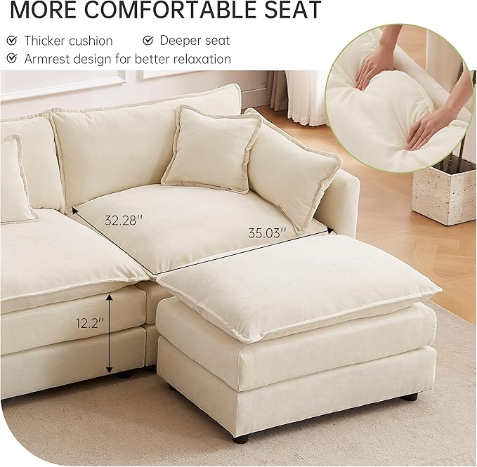 saows Modular Sectional Sofa, 112.2 Inch U Shaped Couch Set with Armrests, 3-Seater Comfy Cloud Couches with Movable Ottoman for Living Room Apartment, Beige