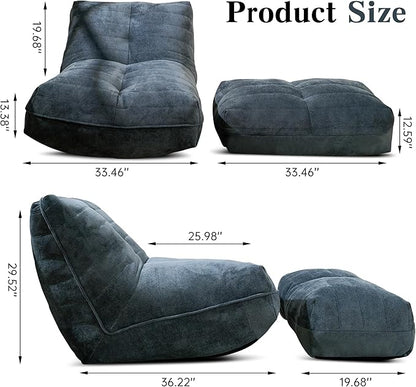 Cvortll Bean Bag Chair with Ottoman, Comfy Bean Bag Sofa with Memory Foam, Lazy BeanBag Sofa with Footstool, Fireside Bean Bag Couch for Living Room, Bedroom, Apartment (Blue Gray)
