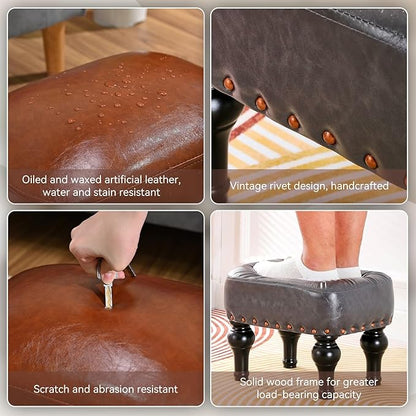 DSGAMER Leather Ottoman Footrest,Rustic Foot Stools Seat,Wood Footstool Rectangle Footrest Small Ottoman for Bedroom,Living Room,Office,Entrance Hall (DEEP Brown)