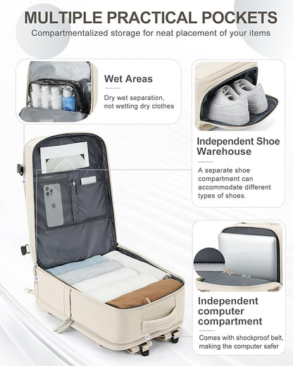 coowoz Large Travel Backpack Carry On for Women Man Gym Backpacks with Laptop Compartment Mochila de Viaje Teacher Personal Item Backpack Rucksack Airplane Accessories Must Haves Beige