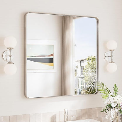 TokeShimi 30 x 30 Brushed Nickel Bathroom Mirror, Nickel Vanity Mirror