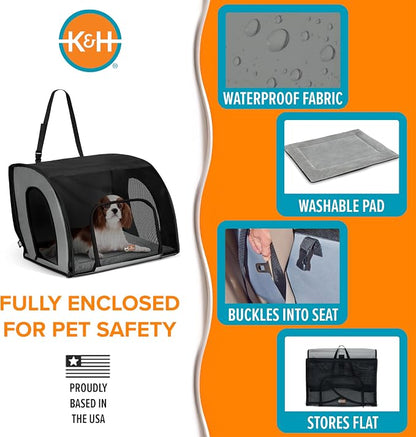 K&H Dog Car Seat, Travel Safety Carrier for Pets, Medium, Gray/Black | Enclosed Car Seat for Dogs, Soft-Sided Covered Pet Carrier, Washable Pad, Multiple Entrances, Mesh Windows, 24x19x17in