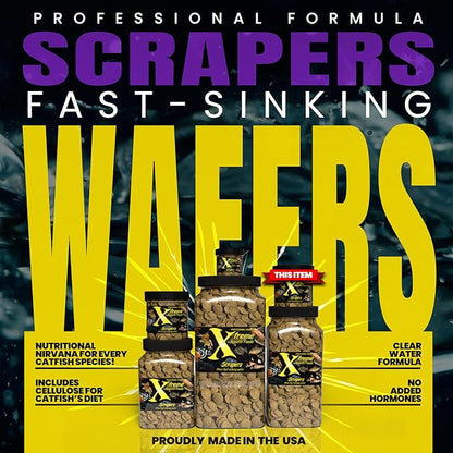 Xtreme Scrapers Wafers - Premium 14mm Fast-Sinking Fish Food – Nutrient & Cellulose Rich Ideal for Nocturnal Feeders, Catfish, Plecostomus Species, and Loaches – USA Farm Grown (5oz)