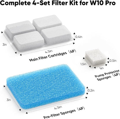 4 Pack Dog Water Fountain Filter Replacement Fit for Sharlovy W10 Pro | Pet Water Filter & Sponge Filter for Sharlovy W10 Pro, 2 Months Set Easy-Swap for Dogs and Cat Fountain