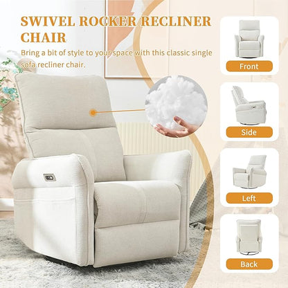 QKFF Power Swivel Rocker Recliner Chair for Nursery, Upholstered Snowflake Velvet 270°Swivel Glider Rocker Chair with USB Ports, Small Power Recliners for Small Spaces Living Room