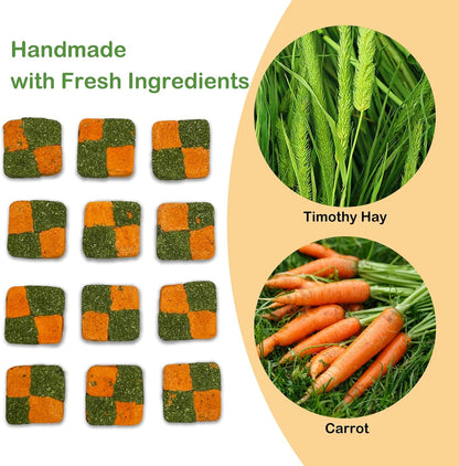 Fhiny 24 PCS Rabbit Chew Toys, Natural Timothy Hay Carrot Biscuit Handmade Bunny Molar Toys for Teeth Small Animal Snacks for Rabbits Guinea Pigs Chinchillas Hamsters Gerbils