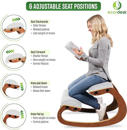 Ecordesk Ergonomic Kneeling Chair, Adjustable Seat - Office Chair for Desk, Posture Corrector, Premium Comfort Cushion, Wooden Rocking Knee Chair (Pecan)