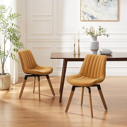 Art Leon Dining Chairs Set of 4, Mid Century Modern Swivel Kitchen Dining Room Chairs, Upholstered Faux Leather Armless Side Chairs with Wood Legs for Living Room Bedroom, Yellow Brown