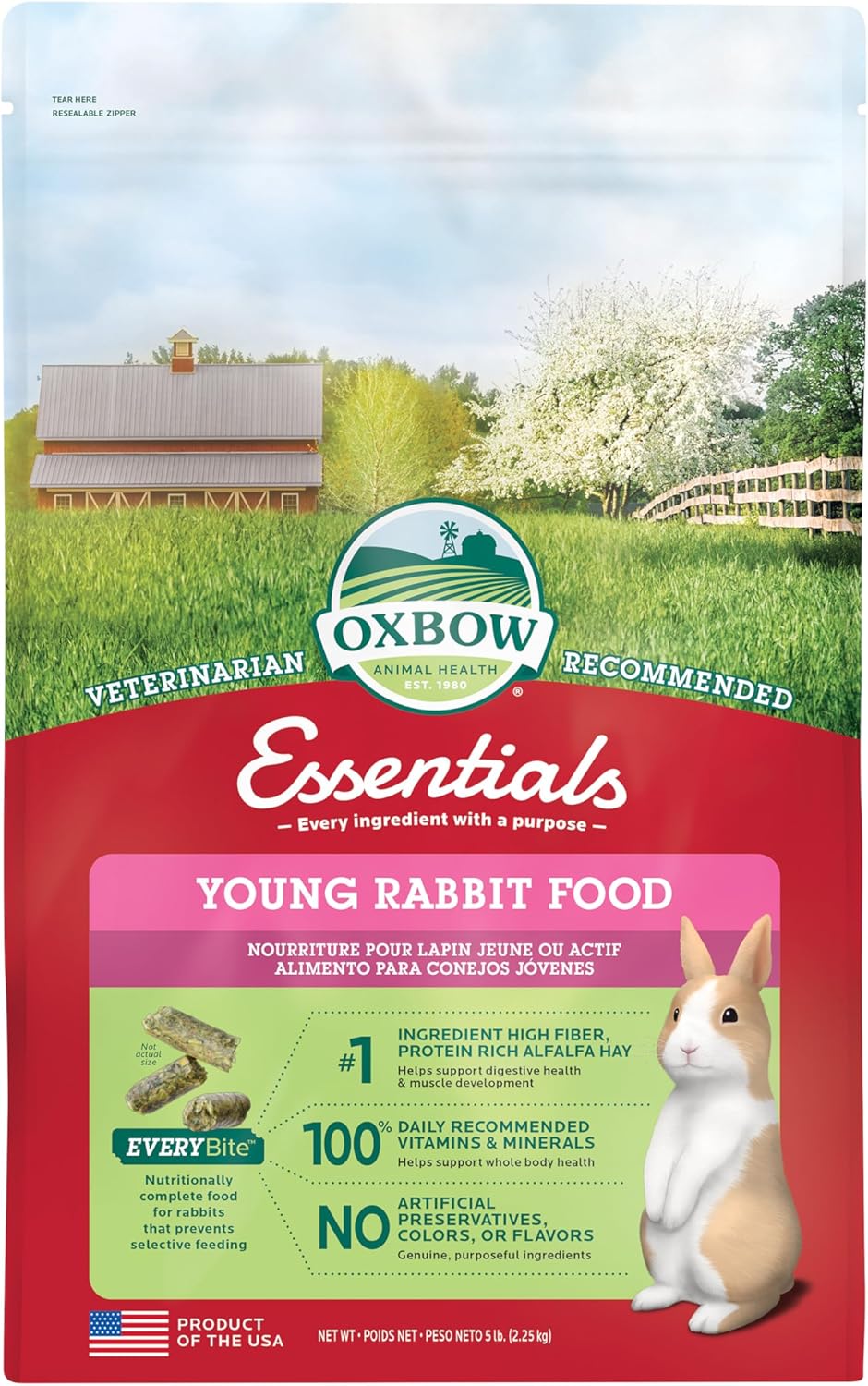 Oxbow Essentials Rabbit Food, Young Rabbit, Made with Oxbow Alfalfa Hay, Pet Food Pellets with Vitamins & Minerals, Small Animal Pet Products, Bunny Supplies, Made in USA, High Fiber, 5 lb. bag