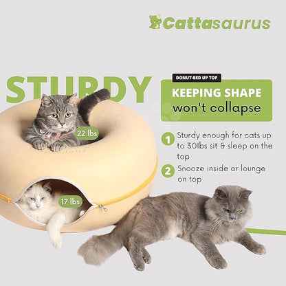 CATTASAURUS Peekaboo Cat Cave for Multiple & Large Cats Up to 30-45 Lbs, Scratch Detachable & Washable Tunnel Bed, Comfy Donut Cat Cave (Pastel Macaron, Large)
