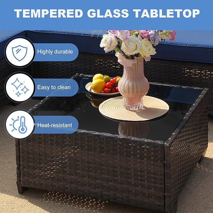 SunloungeCo 6 Pieces Patio Furniture Set, Outdoor Couch Sofa with Wider Armrests & Glass Coffee Table, Outdoor Sectional Furniture with Thick Cushions for Party, Poolside,Garden-Navy