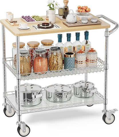 Leteuke Rolling Kitchen Carts with Wheels, 34" L x 17.5" W, 3-Tier Heavy Duty Utility Cart with Wood Tabletop, NSF Commercial Metal Serving Cart with Handle and Shelf Liner for Kitchen, Chrome
