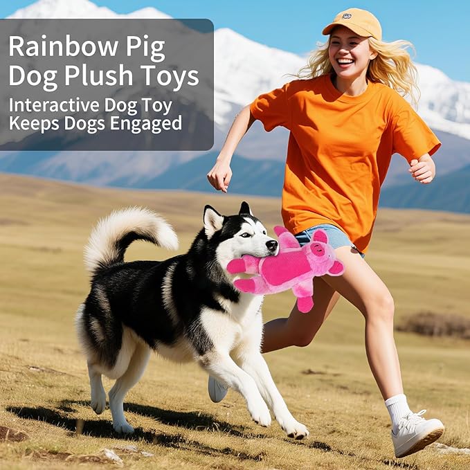 Dog Toys Plush, Squeaky Stuffed Dog Toy, Rainbow Pig Dog Toys for Small Medium Breeds, Soft DogToy Plush, Puppy Teething Dog Toy, Interactive Dogs Toy for Indoor Dogs(Pink)