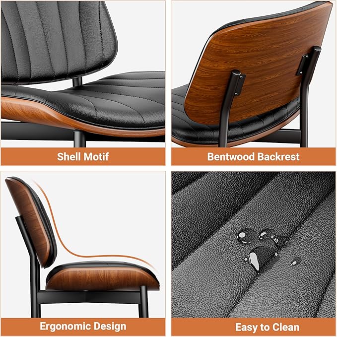 YaFiti Dining Chairs Set of 8, Dining Room and Kitchen Chairs, FSC Certified Mid Century Modern Accent Chair, Upholstered PU Leather Chairs for Vanity with Walnut Bentwood and Metal Legs, Black