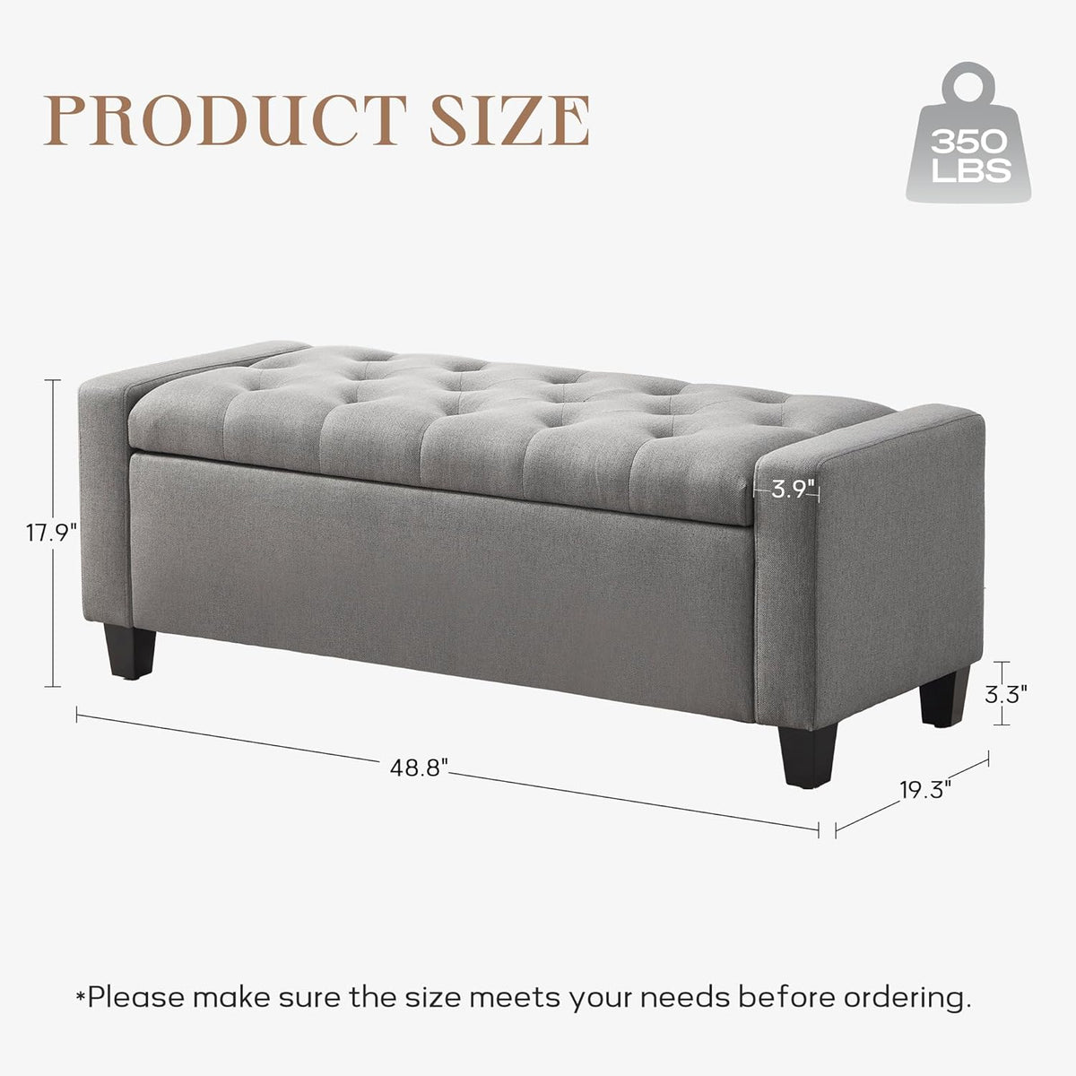 Ottoman with Storage, 48.8" Fabric Storage Ottoman Bench with Hinge, Bedroom Bench, Upholstered Benches with Seating for Living Room, Entryway (Grey)