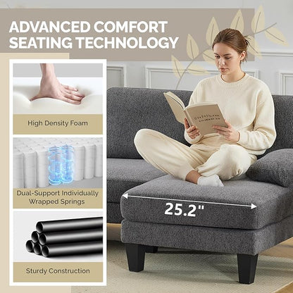 VINGLI 110' U-Shaped Sectional Couch with Two Chaise, Affordable Small Sofa with 4 Seats, Chenille Fabric Comfy Couches for Living Room, Dark Grey