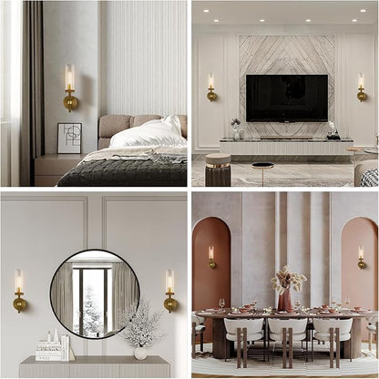 14" Bathroom Vanity Wall Sconces, Gold Wall Sconces Set of Two,Glass Tube Sconces Wall Lighting Indoors,Wall Lights for Mirror, Living Room, Bedroom, Hallway