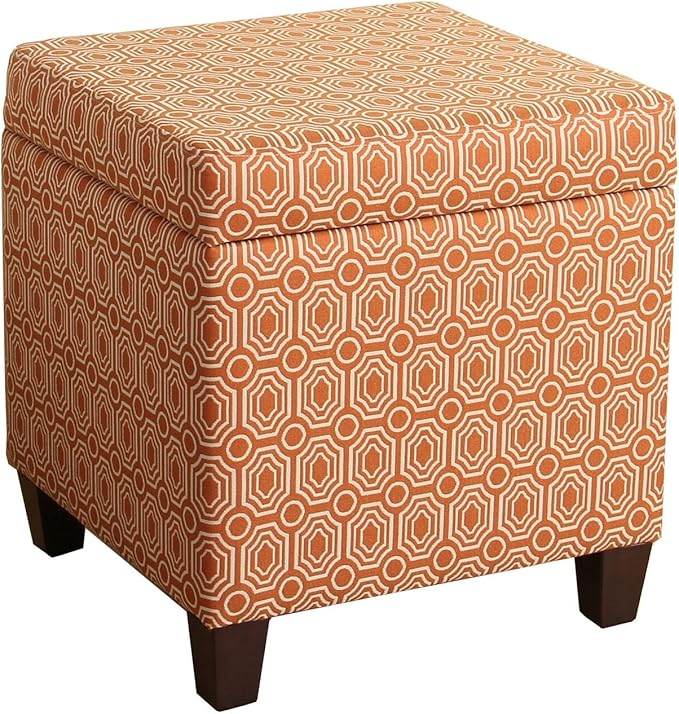 HomePop Upholstered Storage Cube Ottoman with Hinged Lid, Orange Geometric 17" x 17" x 18"