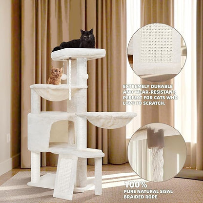 Wang Xin Three Layer Cat Tree with Cat Condo Scratch Pad and Two Hammocks,Beige