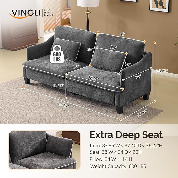 VINGLI 84" W Oversized Comfy Two Seat Love Seat, 37" Extra Deep Seat Piping Design Loveseat Couch with Two Pillows, Linen Fabric Modern Small Sofa for Small Living Room, Bedroom, Black