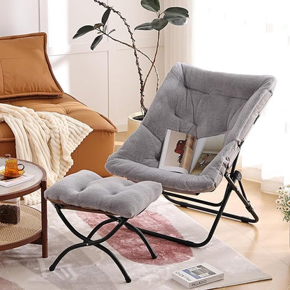 Givjoy Comfy Folded Chair with Ottoman, Oversized Folding Faux Fur Chair Soft Furry Lounge Lazy Chair with Metal Frame Moon Chair Accent Chair for Bedroom, Living Room, Dorm Rooms