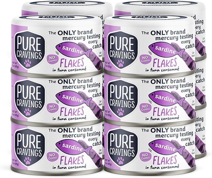 Pure Cravings Sardine Flakes in Tuna Consommé, Canned Wet Cat Food Soup, 100% Mercury-Tested, Moist Can Fish, Grain-Free Protein, Non-GMO, 3oz, Pack of 12