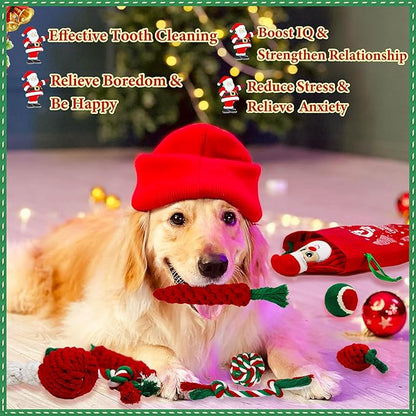 8 Pieces Christmas Dog Chew Toys, Santa Puppy Teething Chew Toys with Adorable Squeaky Toys, Training Ball, Christmas Storage Bag