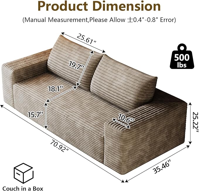 71" Boneless Loveseat Sofa - Cloud Couch with Memory Foam, Comfy Deep Seat - Corduroy Floor Sofa, No Assembly Required - Small Space Friendly for Living Room, Bedroom, Apartment, Corduroy, Camel