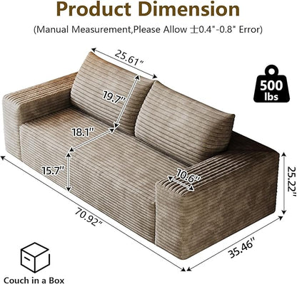 71" Boneless Loveseat Sofa - Cloud Couch with Memory Foam, Comfy Deep Seat - Corduroy Floor Sofa, No Assembly Required - Small Space Friendly for Living Room, Bedroom, Apartment, Corduroy, Camel