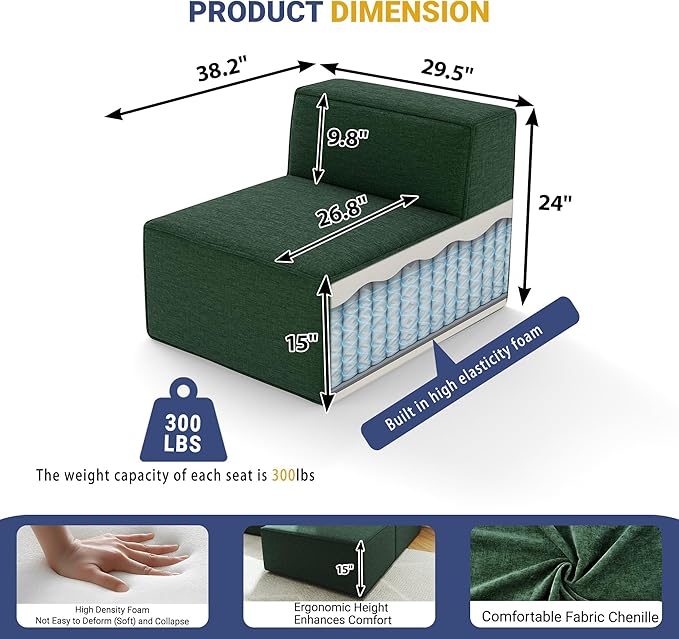 38“ Modular Sectional Sofa Convertible Cube Thick Couch Seat Set, Combine L-Shaped U-Shaped, Free Assembly, Space-Saving for Living Room, Fabric Chenille Green (Only Armless)