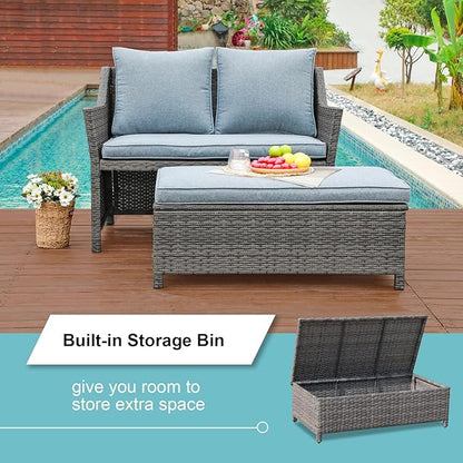 OC Orange-Casual 2-Piece Outdoor Patio Furniture Wicker Love-seat and Coffee Table Set, with Built-in Storage Bin, Grey Rattan, Grey Cushions