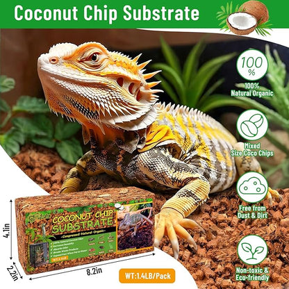 Riare 4 Pack Natural Coconut Chip Substrate for Reptiles- Compressed Coconut Husk Reptiles Bedding, Coco Husk Chip Terrarium Substrate for Snakes, Tortoises, Ball Python, Frogs, Bearded Dragon, Lizard