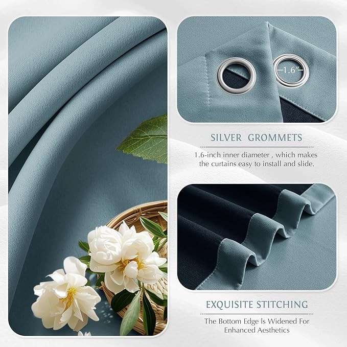 Beauoop Dusty Blue 100% Blackout Curtains 63 Inch Long 2 Panels