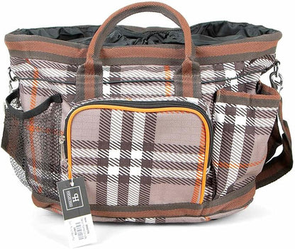 Jeffers Poplar Head Grooming Bag – Horse Grooming Organizer Tote with Pockets for Brushes, Tools, Clippers, Shampoo, Detangler – Stable Barn Kit Carrier for Horses, Pets, Plymouth Brown Plaid