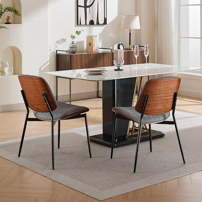 YaFiti Dining Chairs Set of 8, Mid Century Modern Accent Dining Room and Kitchen Chairs, Upholstered PU Leather Vertical Stripe Chairs for Vanity with Walnut Bentwood and Metal Legs, Gray