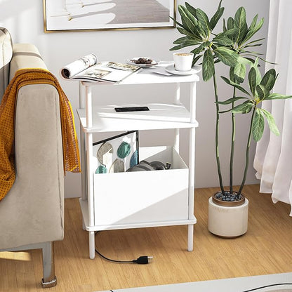 Small Side Table with Charging Station, Set of 2 End Table for Small Spaces, Slim Nightstand with Outlet,Sofa Beside Table, 3-Tier Storage Shelf,Living Room, Bed Room, Natrual White