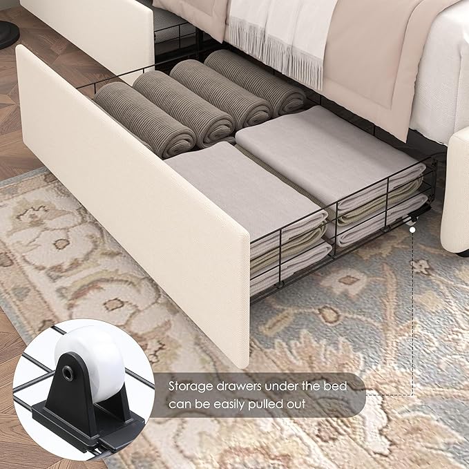 Keyluv Modern Upholstered Bed Frame with 4 Drawers, Button Tufted Headboard Design, Solid Wooden Slat Support, Easy Assembly, Fabric, Beige, Full Size