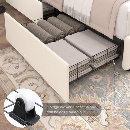 Keyluv Modern Upholstered Bed Frame with 4 Drawers, Button Tufted Headboard Design, Solid Wooden Slat Support, Easy Assembly, Fabric, Beige, Full Size
