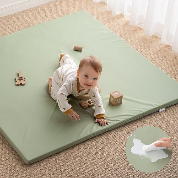 Blissful Diary Vegan Leather Baby Play Mat, 47x47 Thicken Foam Cushioned & Waterproof Playpen Mat for Infants and Toddlers, Stylish and Just Wipe-Clean Playmat for Baby Play on Floor, Light Green