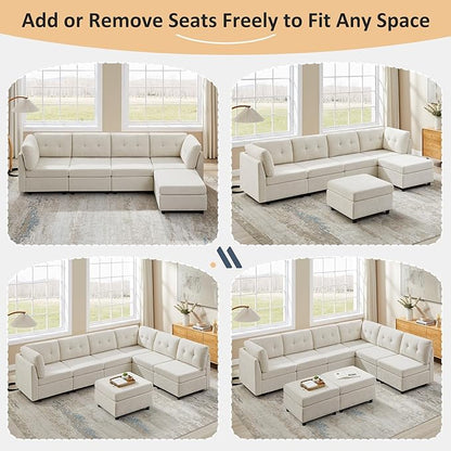 VANOMi 5 Seater Modular Sectional Sofa, Convertible Modular Cloud Sofa Bed with Ottoman, Comfy Chenille Sofas & Couches for Living Room, Apartment, Office, White, Sofa Bed