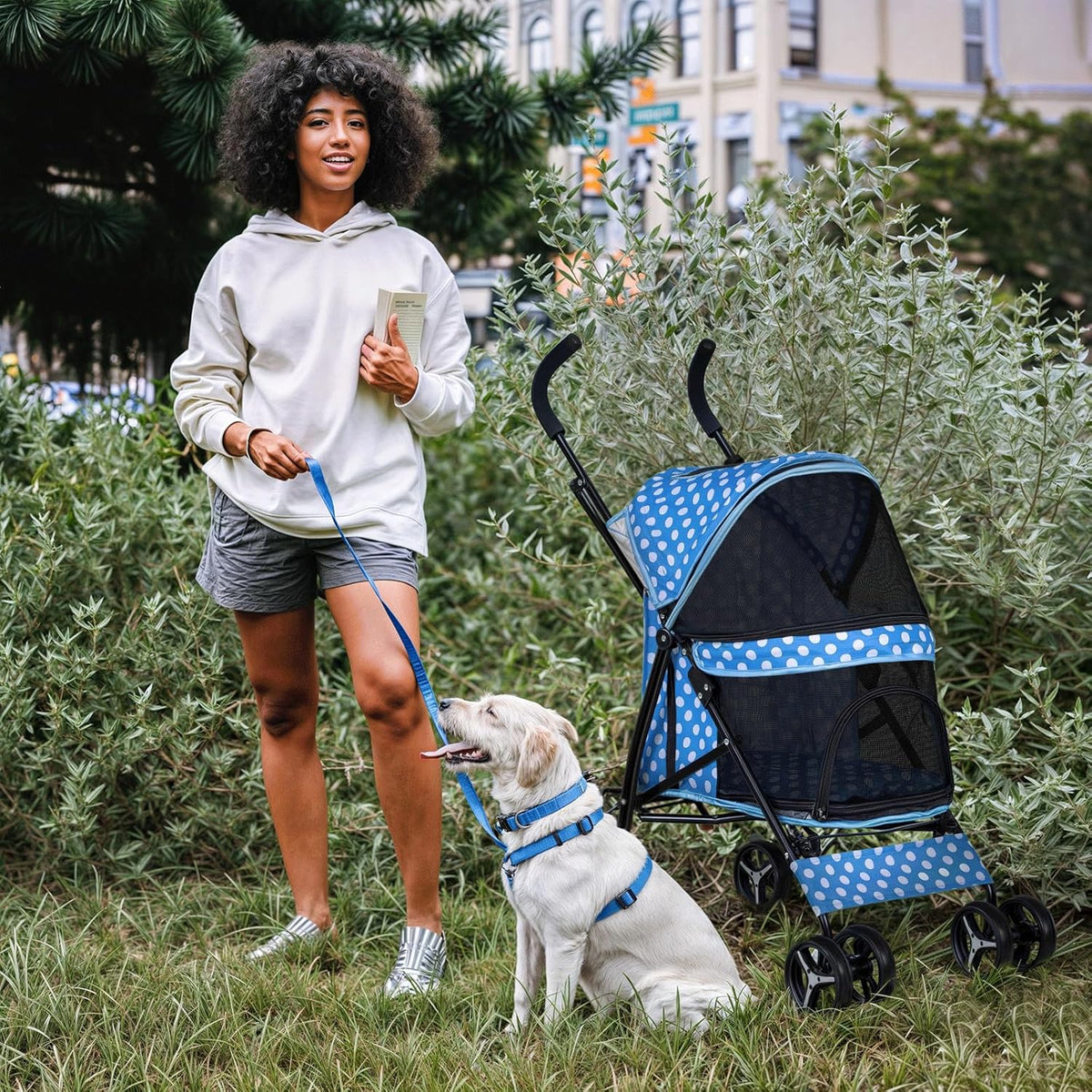 MoNiBloom 4 Wheels Pet Stroller, Easy-Fold Umbrella Shaped Dog Cat Jogger Stroller w/Storage Bag & Visible Mesh for Small/Medium Dogs Cats Sky Blue Polka Dots