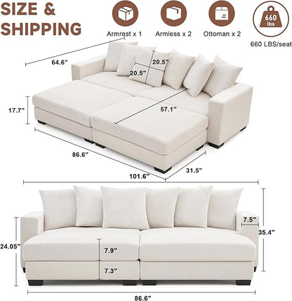 101.6" Deep Seat Corduroy Sectional Couches for Living Room, Comfy Upholstered Modular Sectional Sofa Bed, Cloud Couch with Thickened Cushions Widened Armrests,2 Seats + 2 Ottoman, Beige