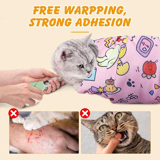 27.6 In Cat Grooming Wrap Self-Adhesive, Cat Wrap for Cutting Nails, Pink Anti-Escape Cat Restraint for Nail Clipping Cat Swaddle Wrap Cat Wrapping Cloth for Pet Cleaning and Beauty (Within 15lbs)