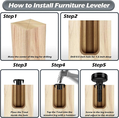 Holimax 10 Set Adjustable Furniture Leveling Feet, Adjustable Leg Levelers for Cabinets Sofa Tables Chairs, Heavy Duty Height Adjuster Furniture Levelers Foot with T- Nut Kit 3/8"-16 Thread, Black