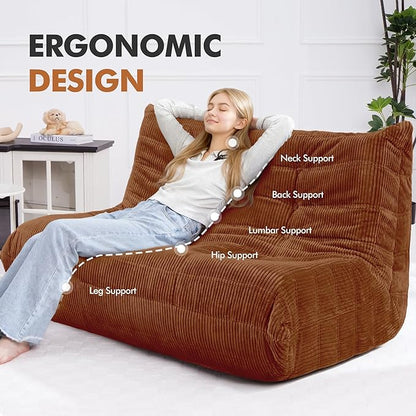 Bean Bag Chair,Giant Beanbag Chairs for Adults,Comfy Large Fireside Chair Lazy Sofa,Corduroy Bean Bag Lounger with Memory Foam Filled,Floor Sofa Couch for Home,Living Room (Brown, Loveseat)