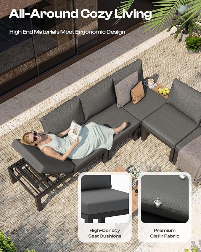 Oasbira Aluminum Outdoor Patio Sofa Set, 2 Seats Modular Sectional Single Seat Sofa Chairs with Removable Cushions, All-Weather Outdoor Conversation Sets for Garden & Yard, Graphite